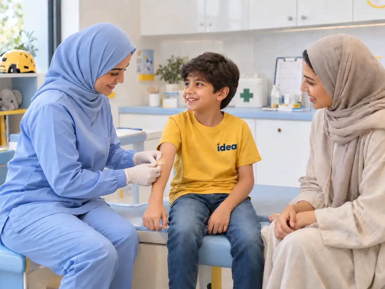 A nurse bandaging a smiling boy's arm while his mother looks on
