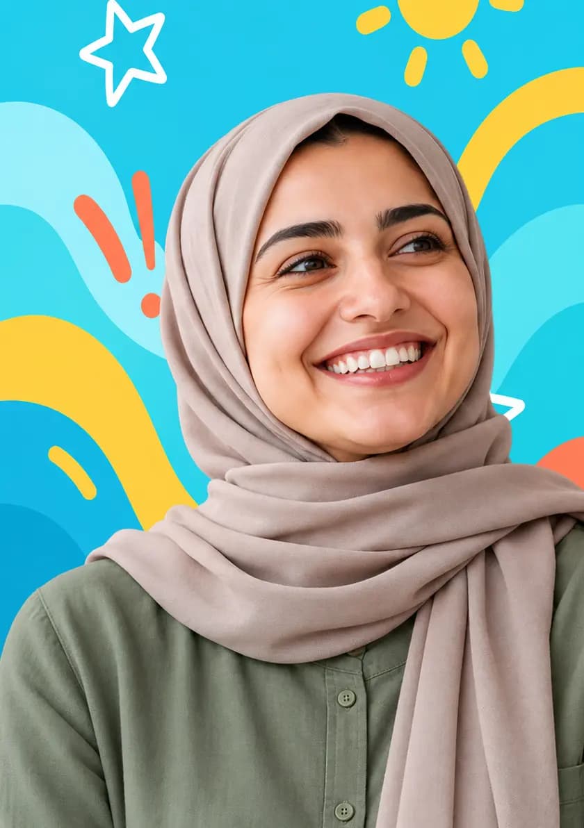 A smiling mother in a hijab in front of a colourful, hand-drawn backdrop