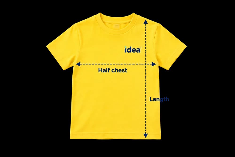 T-shirt laid flat, with half chest measured across under the sleeves and length from the shoulder to the hem